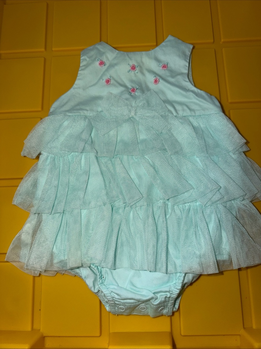Little Me Mint Tulle Ruffle Baby Dress Romper with Pink Rose Embroidery